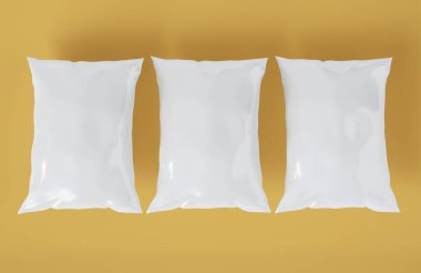 3D Illustration. İzole edilmiş arka planda atıştırmalıklar için üç beyaz paket maketi. Tasarımın için bir şablon. Yiyecek ve şeker paketlendi.