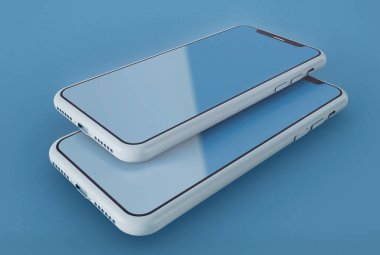 3D Illustration. Ekranda mavi renkli iki modern dokunmatik ekranlı akıllı telefon seti. Mavi arka planda izole edilmiş. Teknoloji konsepti.