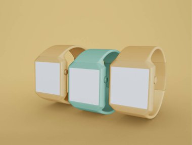 3D Illustration. İzole edilmiş arka planda beyaz ekranı olan üç akıllı saat seti. Teknoloji ve ekran modelleme kavramı.