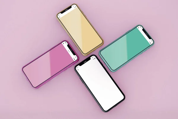 Illustration Ensemble Quatre Smartphones Tactiles Modernes Avec Différentes Couleurs Écran — Photo