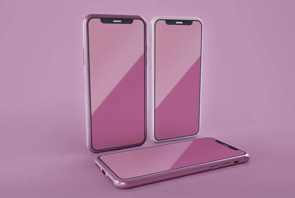 Illustratie Set Van Drie Moderne Touchscreen Smartphones Met Roze Kleur — Stockfoto