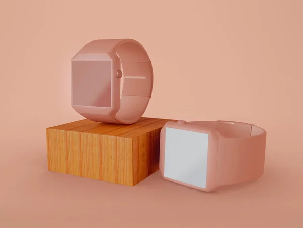 Ilustracja Zestaw Dwóch Inteligentnych Zegarków Odizolowanym Różowym Tle Koncepcja Technologii — Zdjęcie stockowe