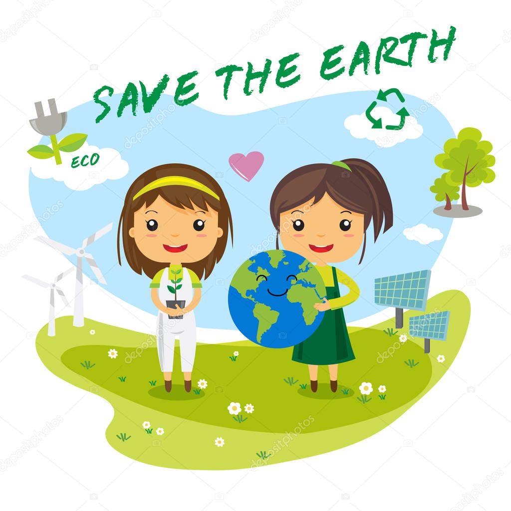 Save the Earth, save the world ecology concept, cartoon character
