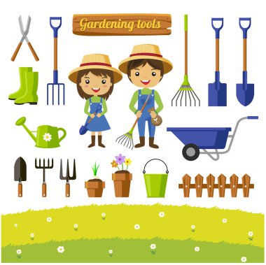 Gardening tools collection, farmers cartoon characters - Vector illustration clipart
