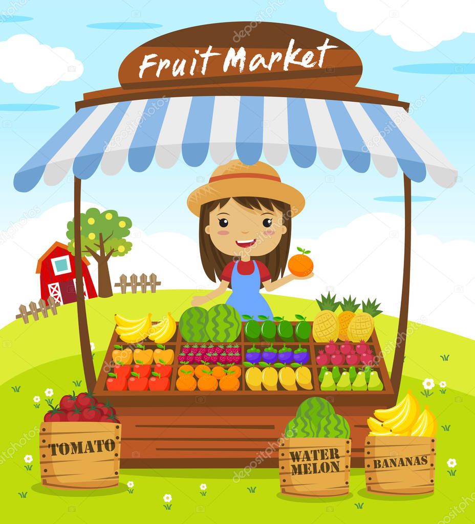 Fruit shop stall. farmers market, cartoon characters vector illustration