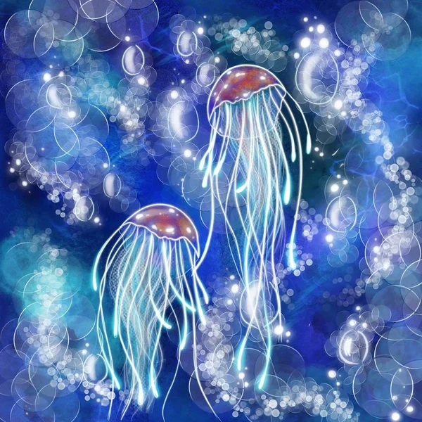 Jellyfish seamless pattern. Vector illustration of red and blue jellyfish on brown background