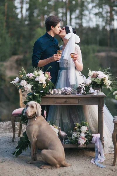 Jovem casal nupcial feliz no penhasco — Fotografia de Stock