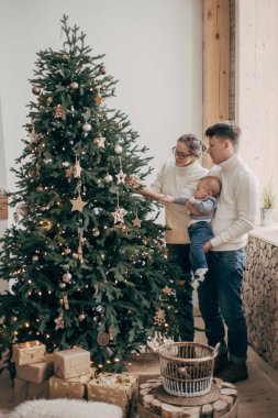 Noel ağacının yanında duran erkek bebek ile genç çift portresi