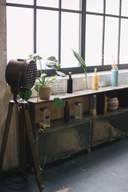  Vintage şişe ve masada pencerede Saksılı bitki 