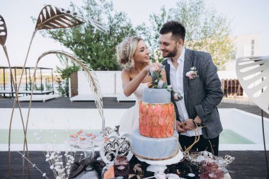 Gündüz portre çiftin düğün pastası yakınındaki armut dilimleri ve çiçekler ile dekore edilmiş