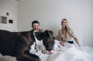 Yatağın üstüne oturan ve köpeğe seyir gülümseyen çift