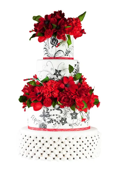 White Wedding Cake Floral Ornament Red Flower Arrangement Isolated White — Stock Photo, Image