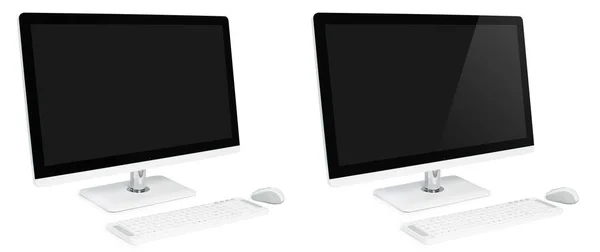 Geniş Ekran Klavye Fareli Modern Beyaz Masaüstü Bilgisayarı Hepsi Bir — Stok fotoğraf