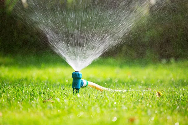 Gräsmatta Sprinkler Sprutvatten Över Grönt Gräs Bevattningssystem — Stockfoto