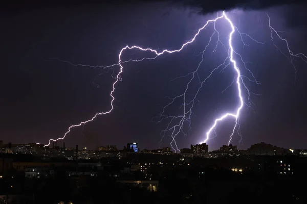 Thunderstorm with huge lightning over night city. Belarus, Minsk. May 2016