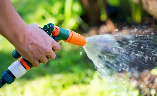 Frau Hält Schlauchspritze Der Hand Und Gießt Garten Geringe Tiefenschärfe — Stockfoto