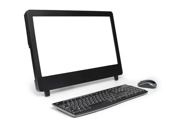 Modern Personal Office Computer Keyboard Mouse Blank White Screen Isolated — Stock Photo, Image