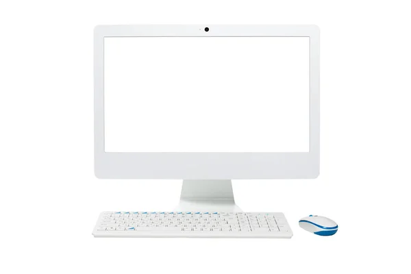 現代的でスタイリッシュなすべての1台のコンピュータでは Imacのように見えます 白い画面とキーボードとマウスで隔離 ストック画像