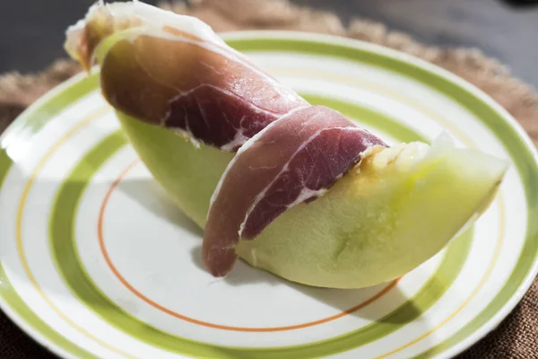 Green Melon Raw Ham Ready Savor Plate Table — Stock Photo, Image