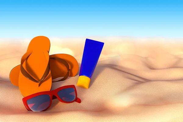 3D-rendering van accessoires voor vakantie op het zand op het strand, s — Stockfoto