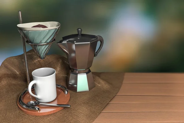3D render vintage kahve birtakım damla çuval bezi ve yeşil koyu bokeh arka plan ile ahşap bir masa üzerinde.