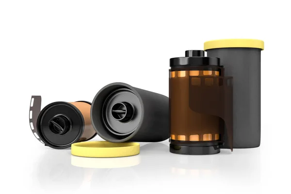 kırpma yolları ile izole üzerinde beyaz arka plan sarı film kamera 3D render rulo.