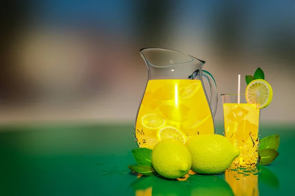 3d 渲染的 jar 和散景的背景与绿色桌上一杯薄荷和冰柠檬水. — 图库照片