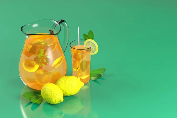 buz ve nane bir kavanoz ve yeşil bir arka plan üzerine bir bardak limonata 3D render.