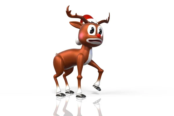 3d rendering of a cute little reindeer with a hat and red nose i — Stock Photo, Image