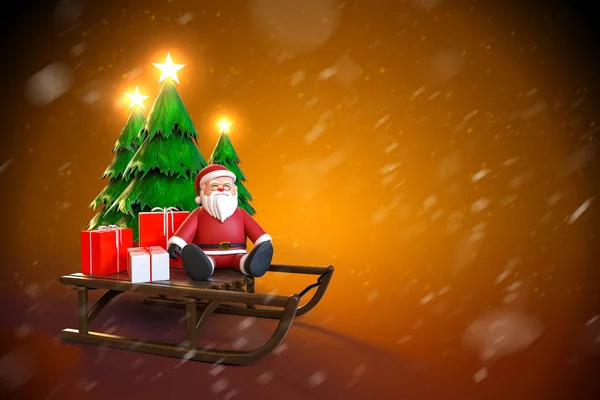 3d rendering of Santa Claus sitting on a sleigh with gift boxes — Stock Photo, Image