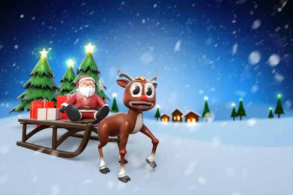 sevimli küçük Ren geyiği 3D rendering oturup Noel Baba ile 