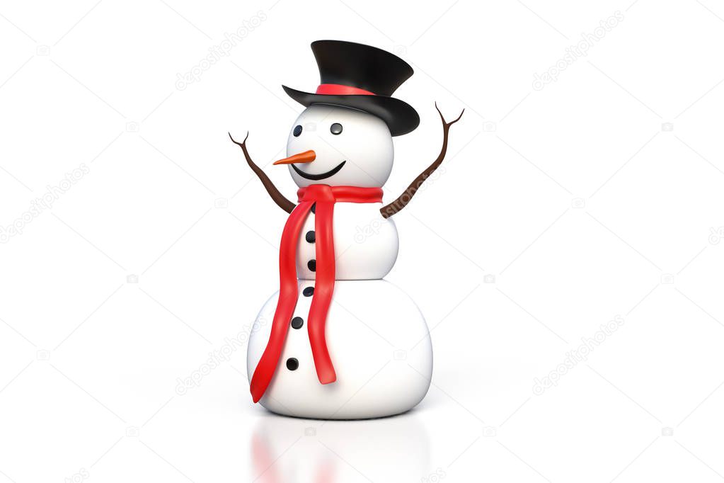 3d rendering of the snowman with black hat and red scarf isolate