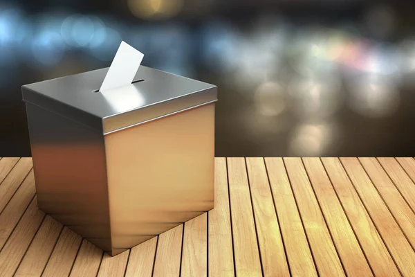 Rendu 3d de boîte d'élection en métal chromé sur la table en bois wi — Photo