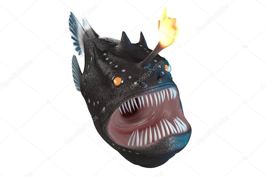 3d rendering front of Anglerfish cartoon style with big mount and giant tooth isolated on white background with clipping paths.