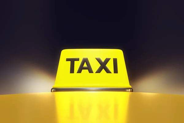 3d renderização de luz de néon luminoso sinal de táxi amarelo no telhado de um carro com luz de rua à noite . — Fotografia de Stock