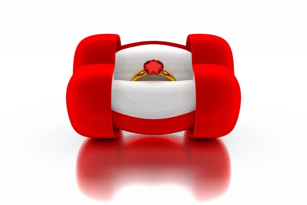 빨간 벨벳 심장의 3 차원 렌더링 모양의 골드 반지 상자 — 스톡 사진