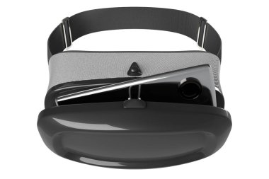 3D render Önden Görünüm bir konsept tasarımı sanal gerçeklik kulaklık ile smartphone izole kırpma yolları ile beyaz arka plan üzerinde koruyucu gözlük.