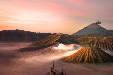 Doğu Java, Endonezya 'da aktif kraterlerle Bromo ve Semeru Dağı' nın doğal güzelliği.
