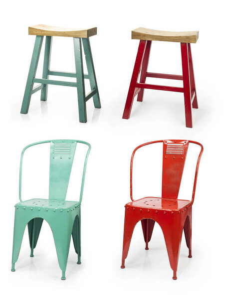 Set of Chairs and stools isolated on white background, Clipping path included, Metal chairs and wooden stools isoltae
