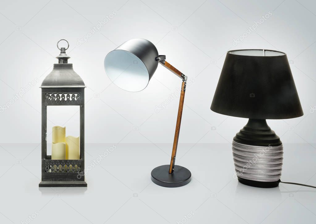 Set of different table lamps . Decorative Desk lamps isolated on white background , Clipping path included 