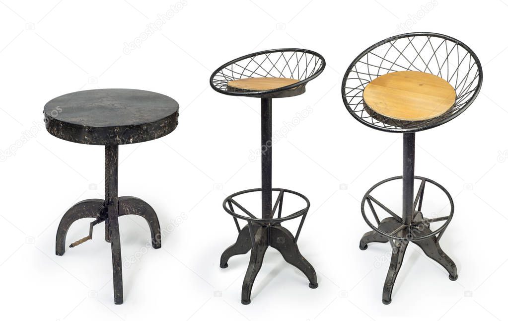 Set of stools isolated on white background, Clipping Path included, Set of industrial metal chairs isolated on white