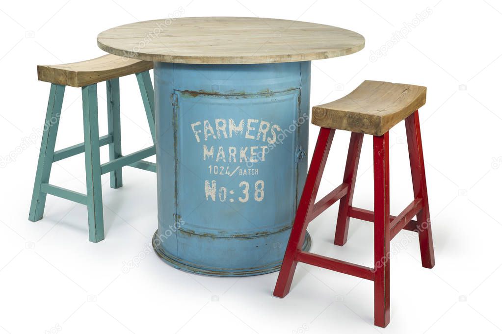 Vintage barrel table with two modern high chairs, clipping path included, Funky table of barrel and chairs isolated on whit