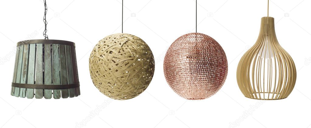 Collection of pendants isolated on white, clipping path included, Set of Pendant light lamps isolate