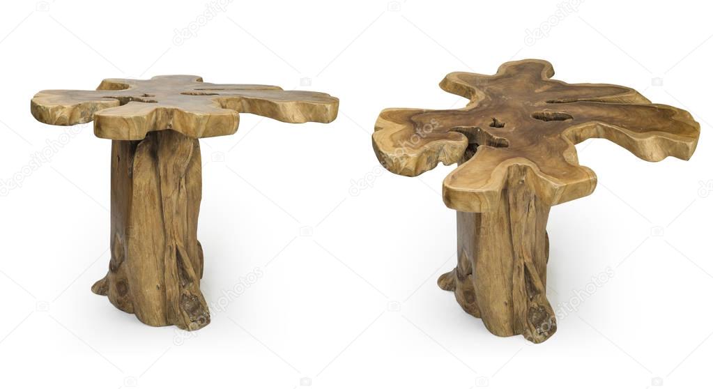 Tree Trunk Table isolated on white clipping path included, Set of Two trunk table shot from two angles isolated on whit