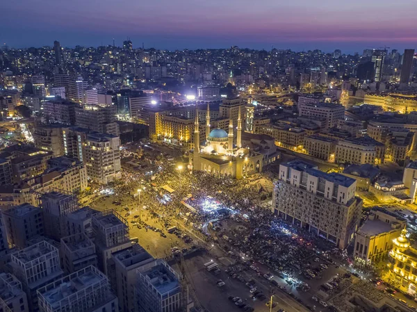 Nocne Ujęcie Lotu Ptaka Centrum Bejrutu Liban Podczas Protestu Przeciwko — Zdjęcie stockowe