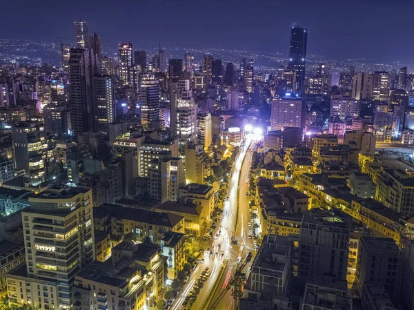 Aerial Night shot of Beirut Downtown, Lebanon during protest against Government, Lebanese revolution