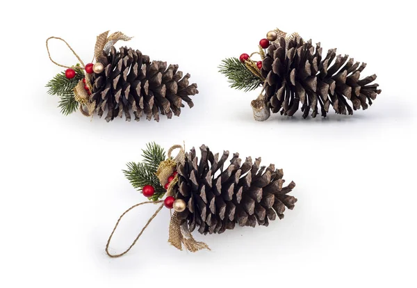 Christmas Decoration Holly Berry Pine Cone Isolated White Clipping Path — Stock Photo, Image