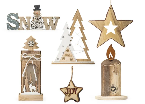 Conjunto Artículos Decorativos Navideños Madera Aislados Sobre Fondo Blanco Camino — Foto de Stock