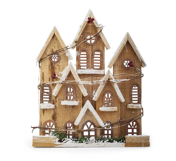 Kerstmis Nieuwjaar Miniatuur Huis Gedecoreerd Geïsoleerd Witte Achtergrond Knippen Pad Stockafbeelding