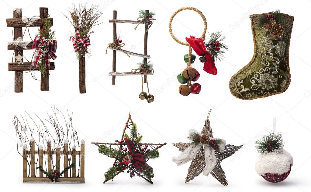 Set of Wooden christmas items, Star and christmas decorative items isolated on white background, Clipping path included 